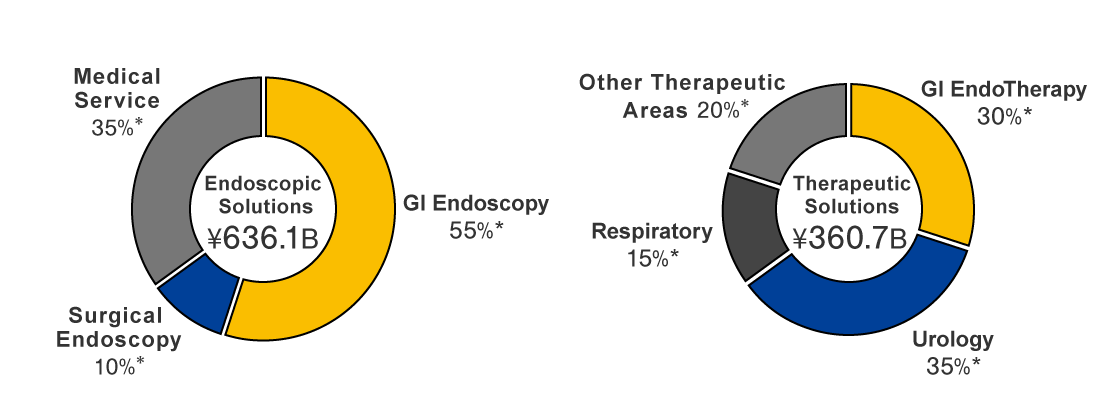 Endoscopic Solutions: 636.1 billion Yen. Breakdown: GI Endoscopy 55%, Surgical Endoscopy 10%, Medical Service 35%. Therapeutic Solutions: 360.7 billion Yen. Breakdown: GI EndoTherapy 30%, Urology 35%, Respiratory 15%, Other therapeutic areas 20%.